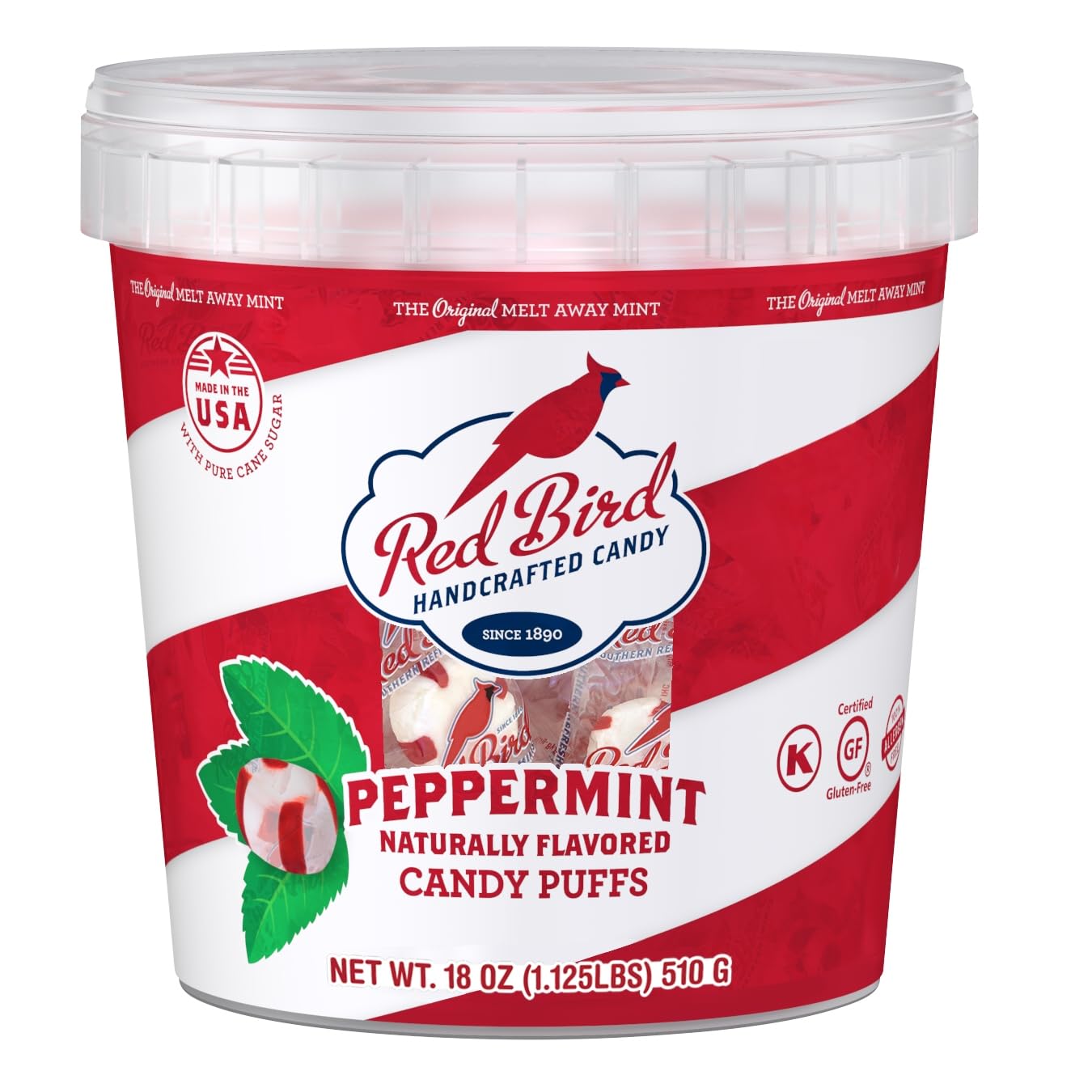 Product image of Red Bird Soft Peppermint Puffs Christmas Candy Individually Wrapped Tub Perfect for Stocking Stuffers 18 oz